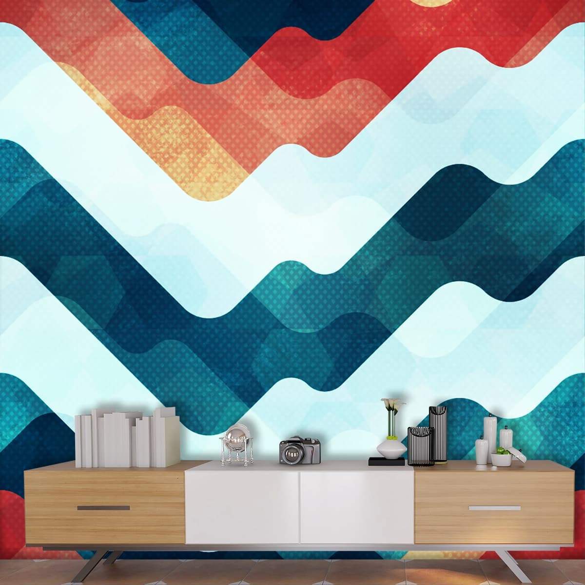 A colorful pattern with white and blue lines shown in a room