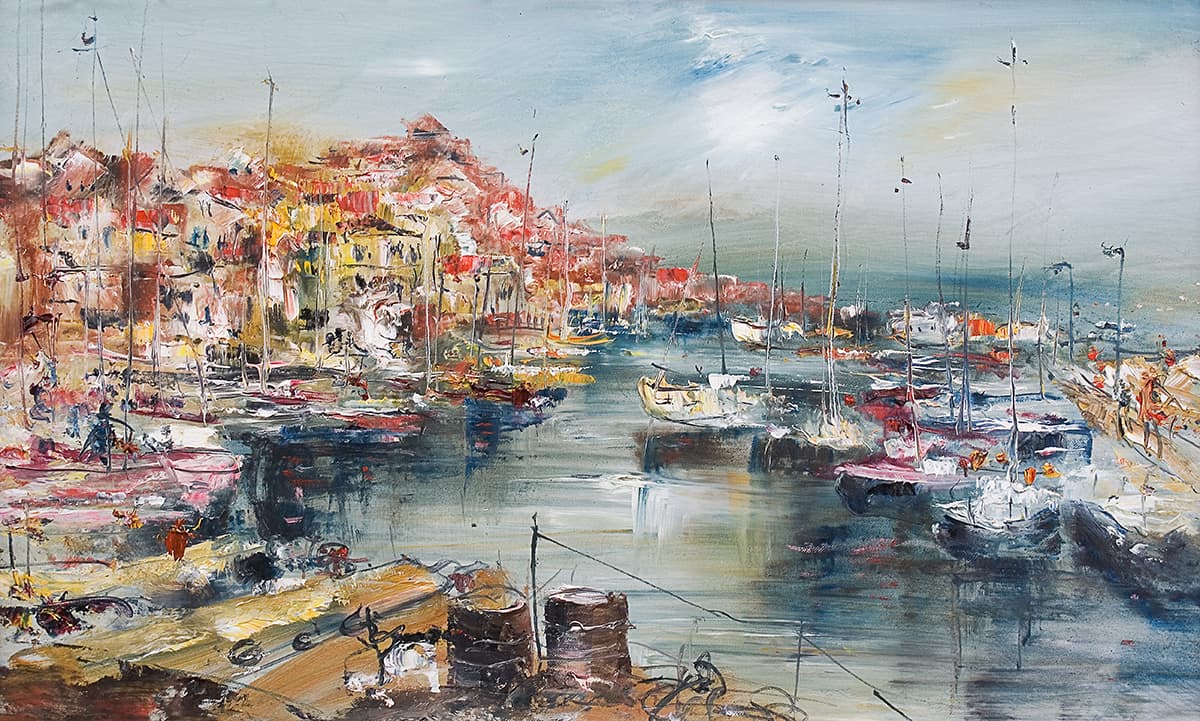 Harbor Painting with Boats and Buildings wallpaper pattern detail