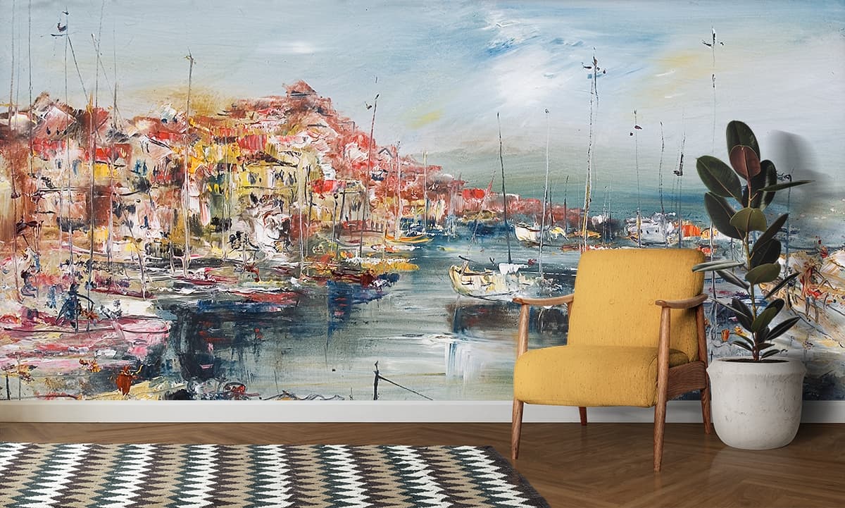 Harbor Painting with Boats and Buildings wallpaper shown in a room