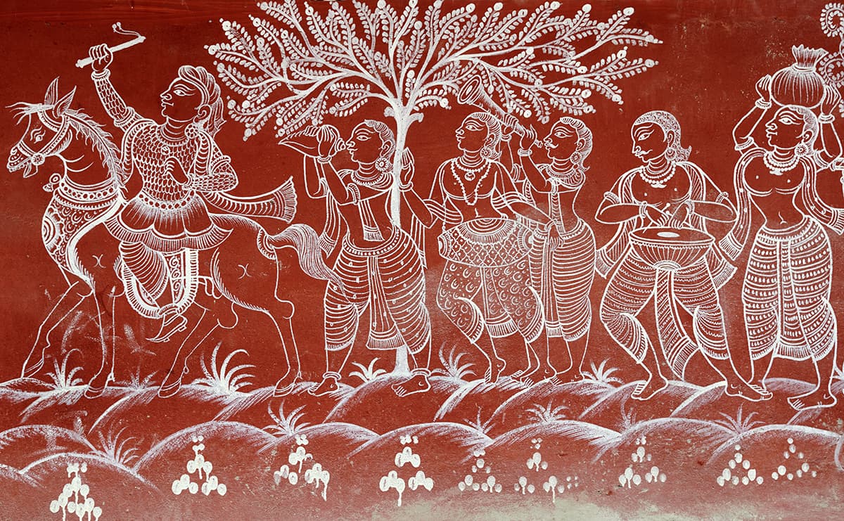 Traditional Red Warli Folk Art Pattern Mural Wallpaper pattern detail