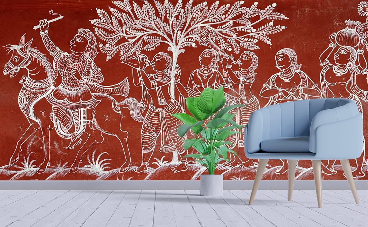 Traditional Red Warli Folk Art Pattern Mural Wallpaper shown in a room