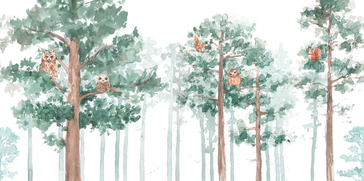 Watercolor Owls and Fox Forest Wildlife Wall Wallpaper pattern detail