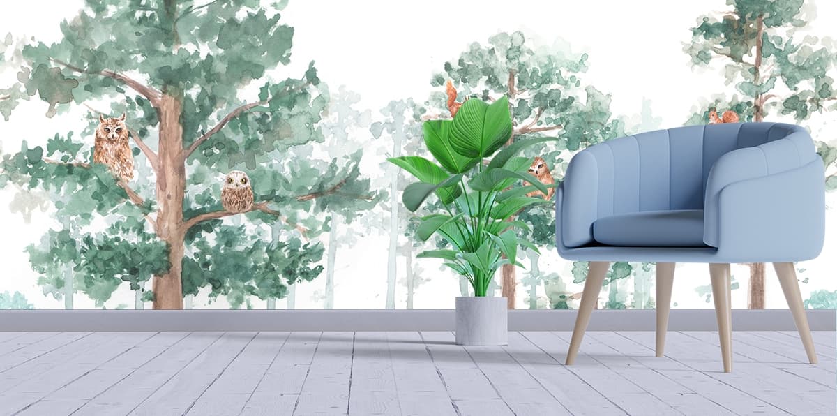 Watercolor Owls and Fox Forest Wildlife Wall Wallpaper shown in a room