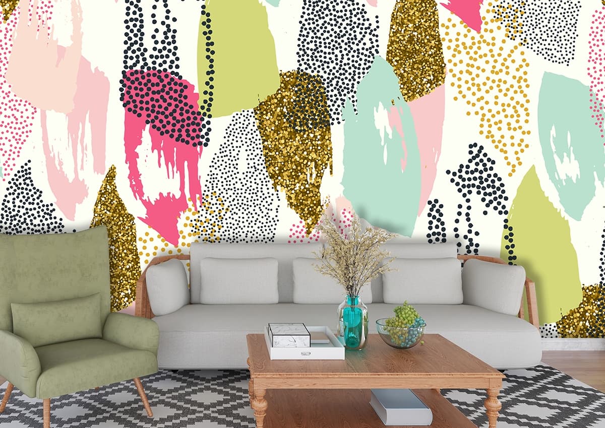 A colorful pattern with dots shown in a room