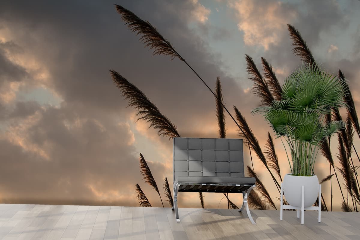 Tall Grass Blowing in the Wind Landscape Wallpaper shown in a room
