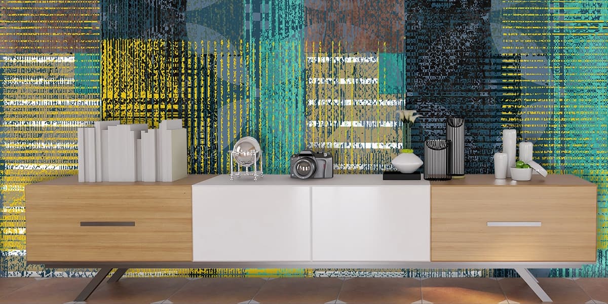 Stylish White Yellow Lines Abstract Design wallpaper shown in a room