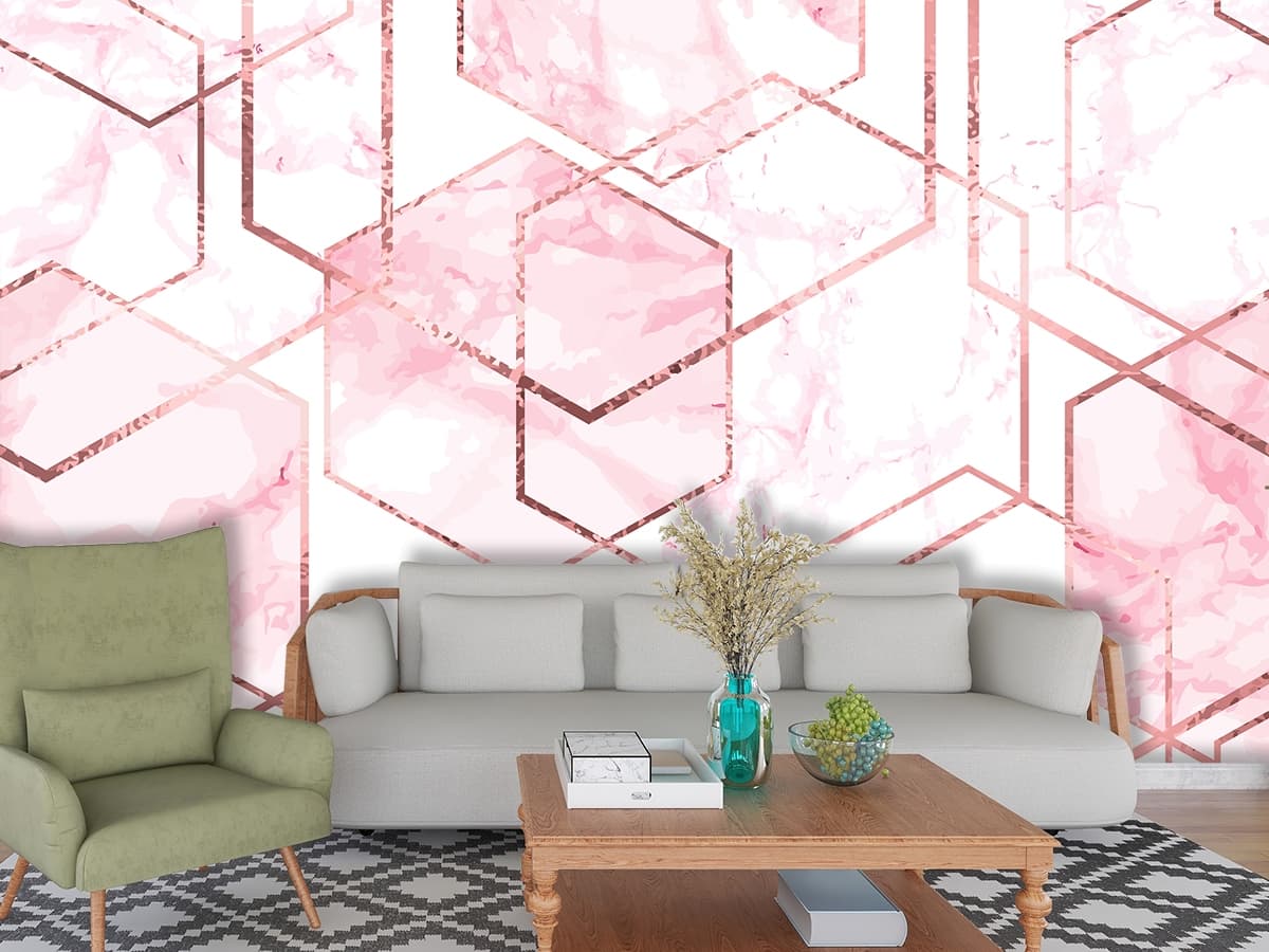 Aesthetic Pink White Marble with Gold Lines Wallpaper shown in a room