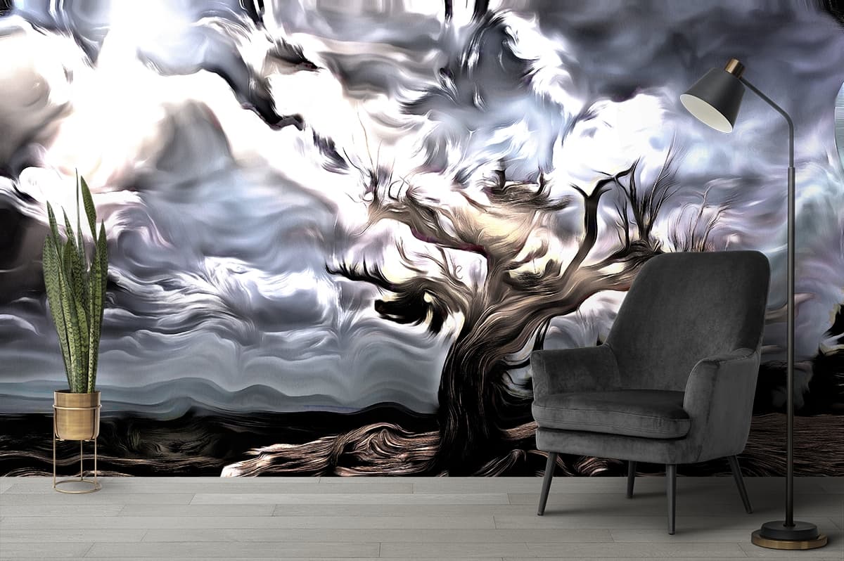 A tree with a cloudy sky shown in a room