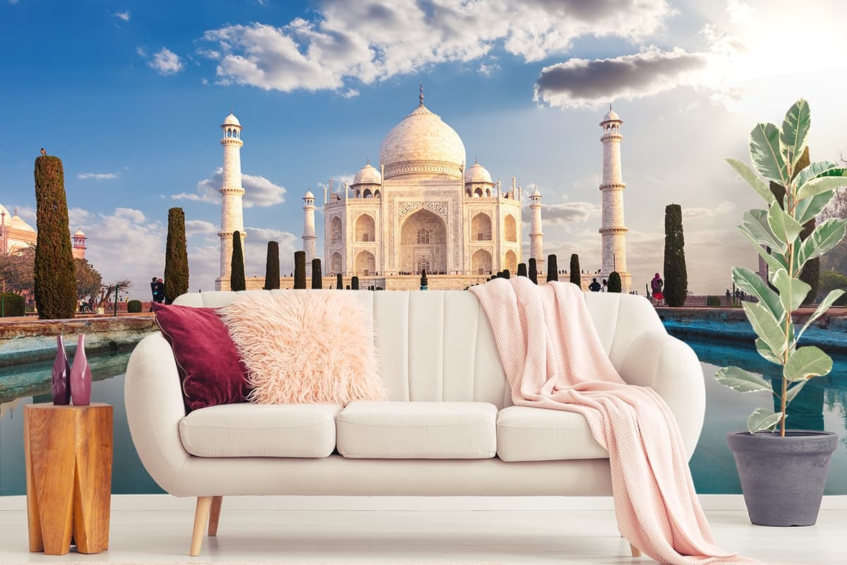 Taj Mahal with Fountain Scenic Landscape wallpaper shown in a room