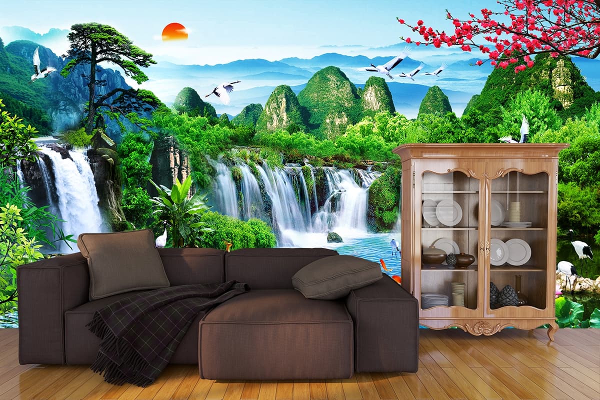 Serene Kravica waterfall with bridge and house wallpaper shown in a room