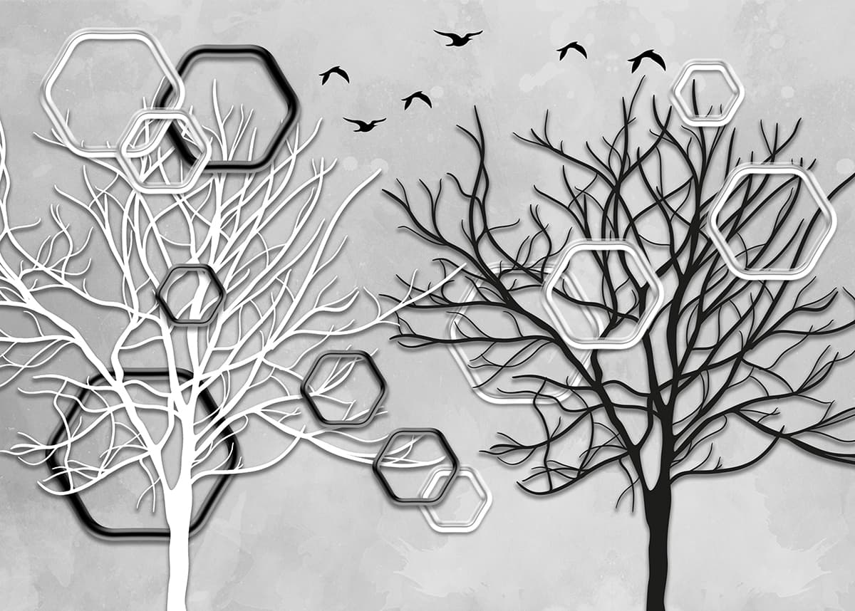 Black and White Tree with Flying Birds Nature Art Wallpaper pattern detail