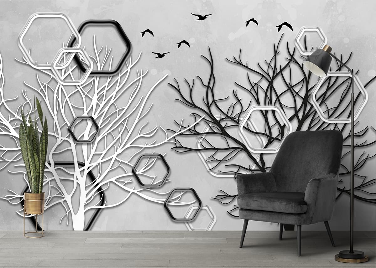 Black and White Tree with Flying Birds Nature Art Wallpaper shown in a room