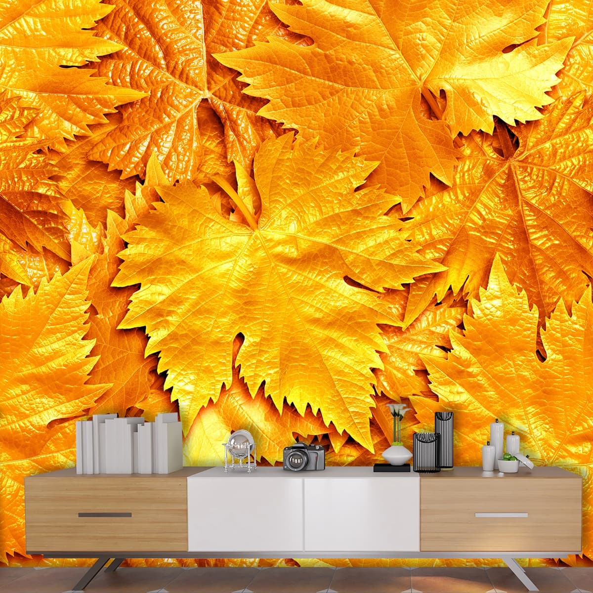 A pile of yellow leaves shown in a room