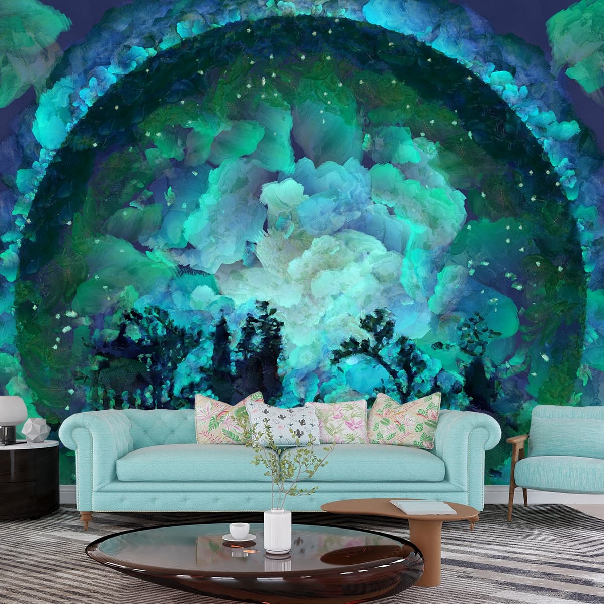 Elegant Landscape with Trees and Clouds Wallpaper shown in a room