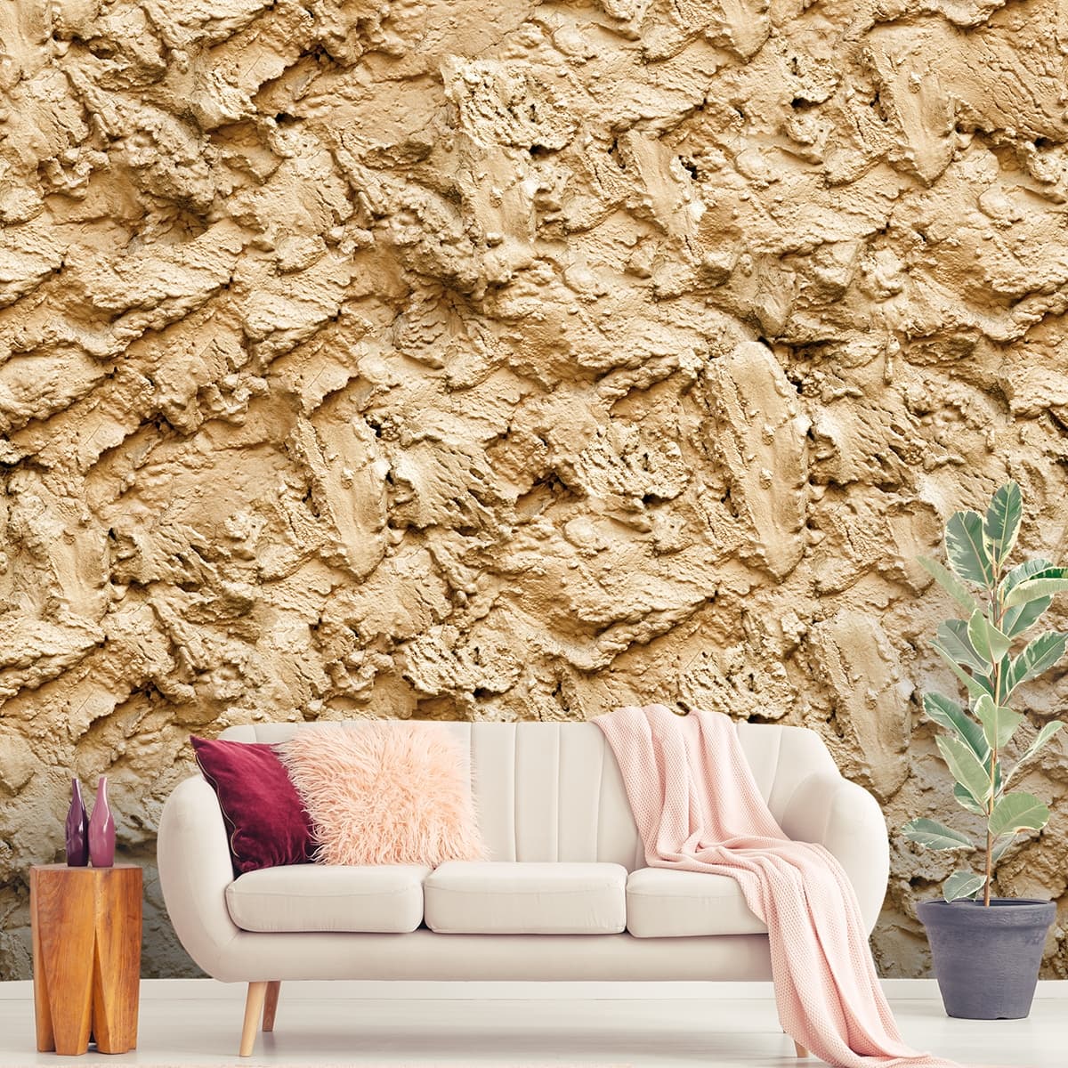 A Crumpled Surface Texture Wallpaper in Shade of Brown shown in a room