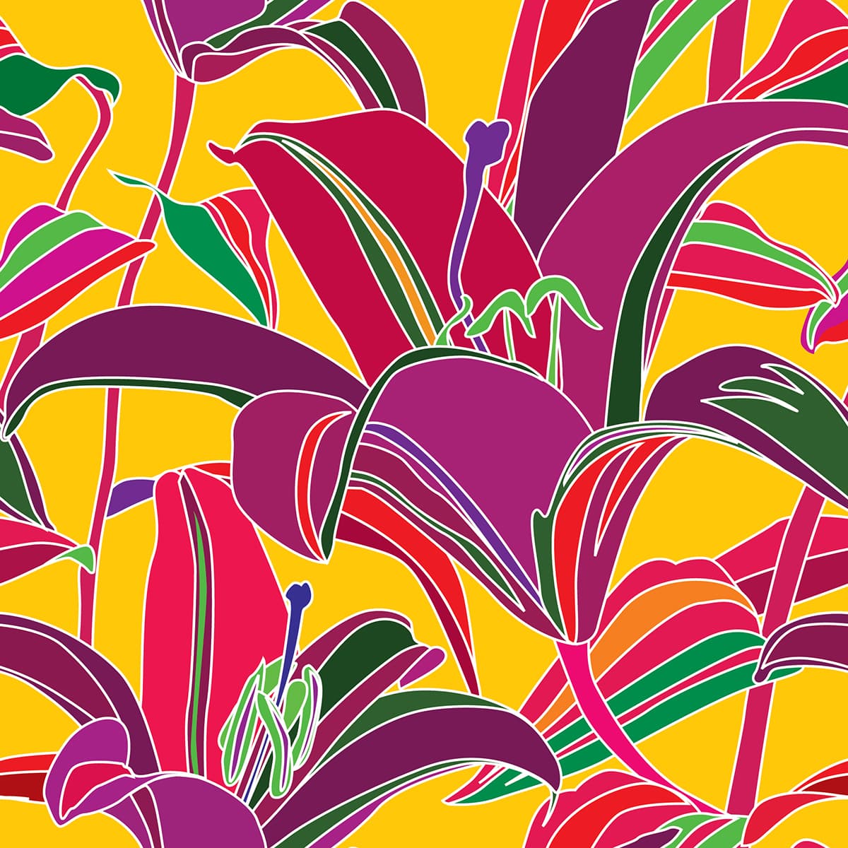A colorful flowers on a yellow background pattern detail