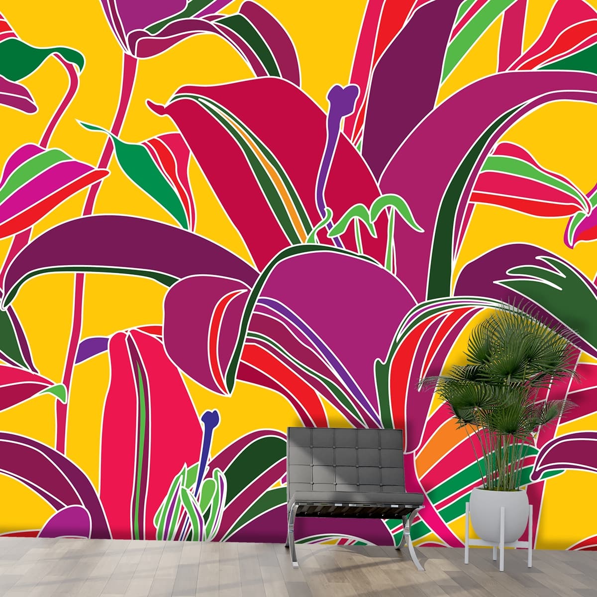 A colorful flowers on a yellow background shown in a room