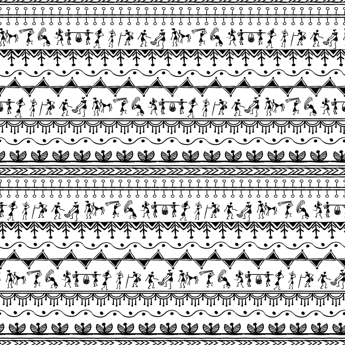 Black and White Tribal Warli Pattern Wallpaper pattern detail
