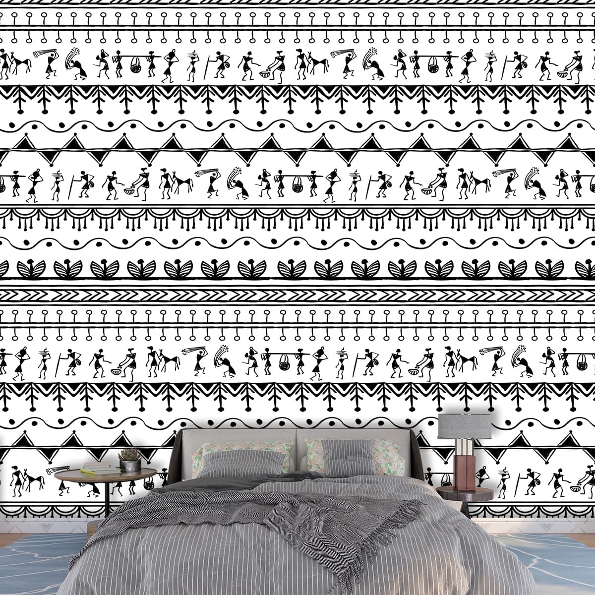 Black and White Tribal Warli Pattern Wallpaper shown in a room