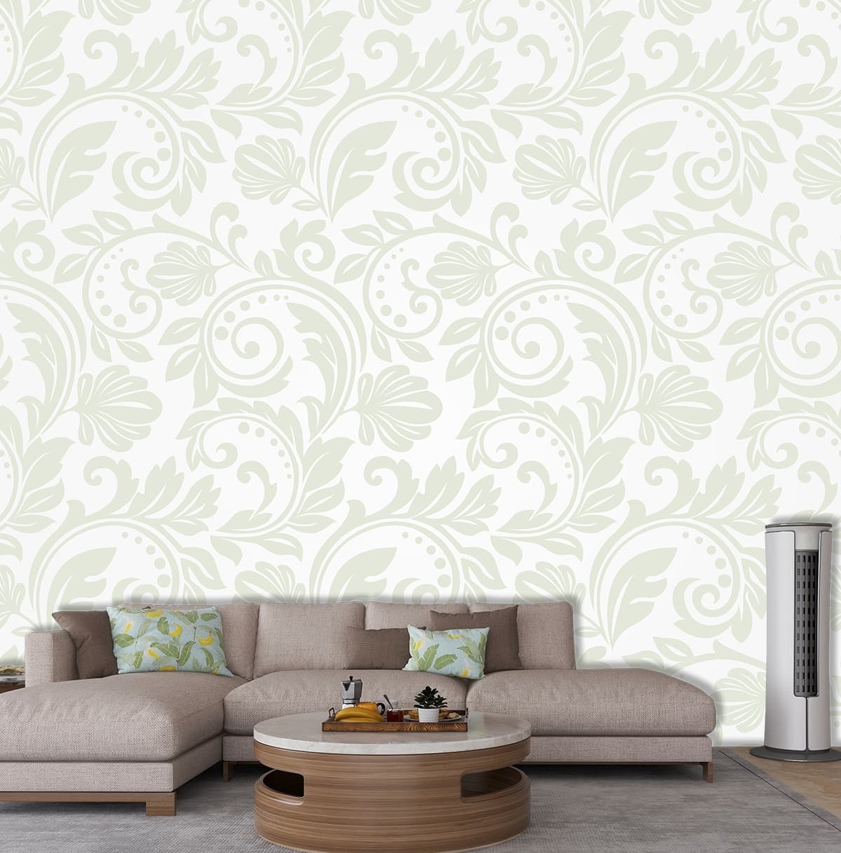 Bedroom Wallpaper of White and Green Floral Pattern shown in a room