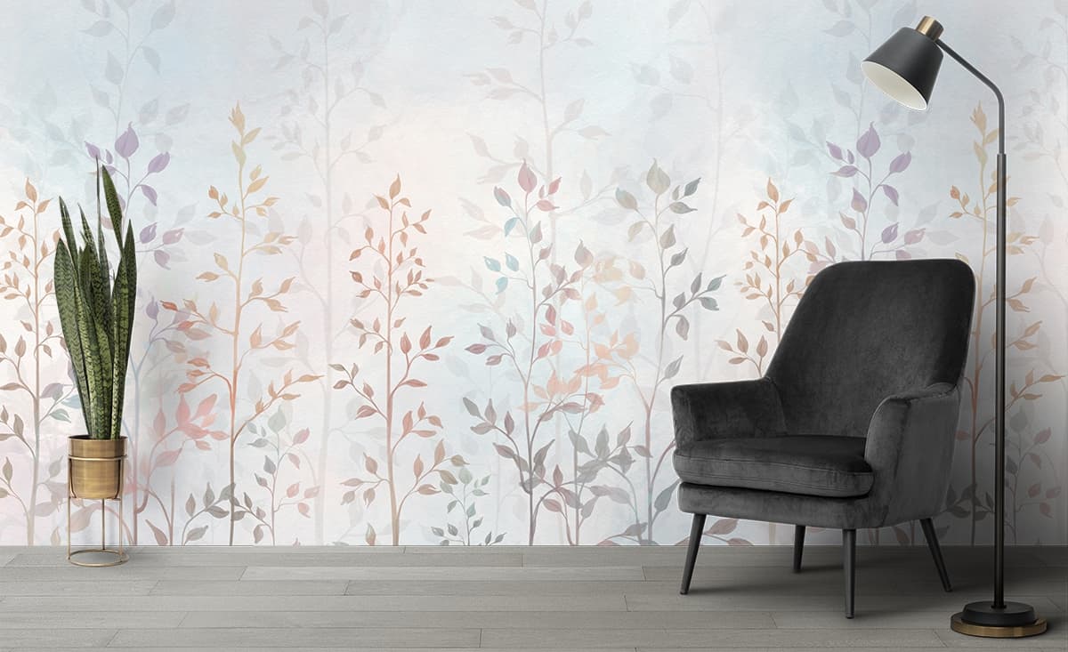 Hazebloom, Ethereal Faded Stem and Leaf Pattern Wallpaper shown in a room