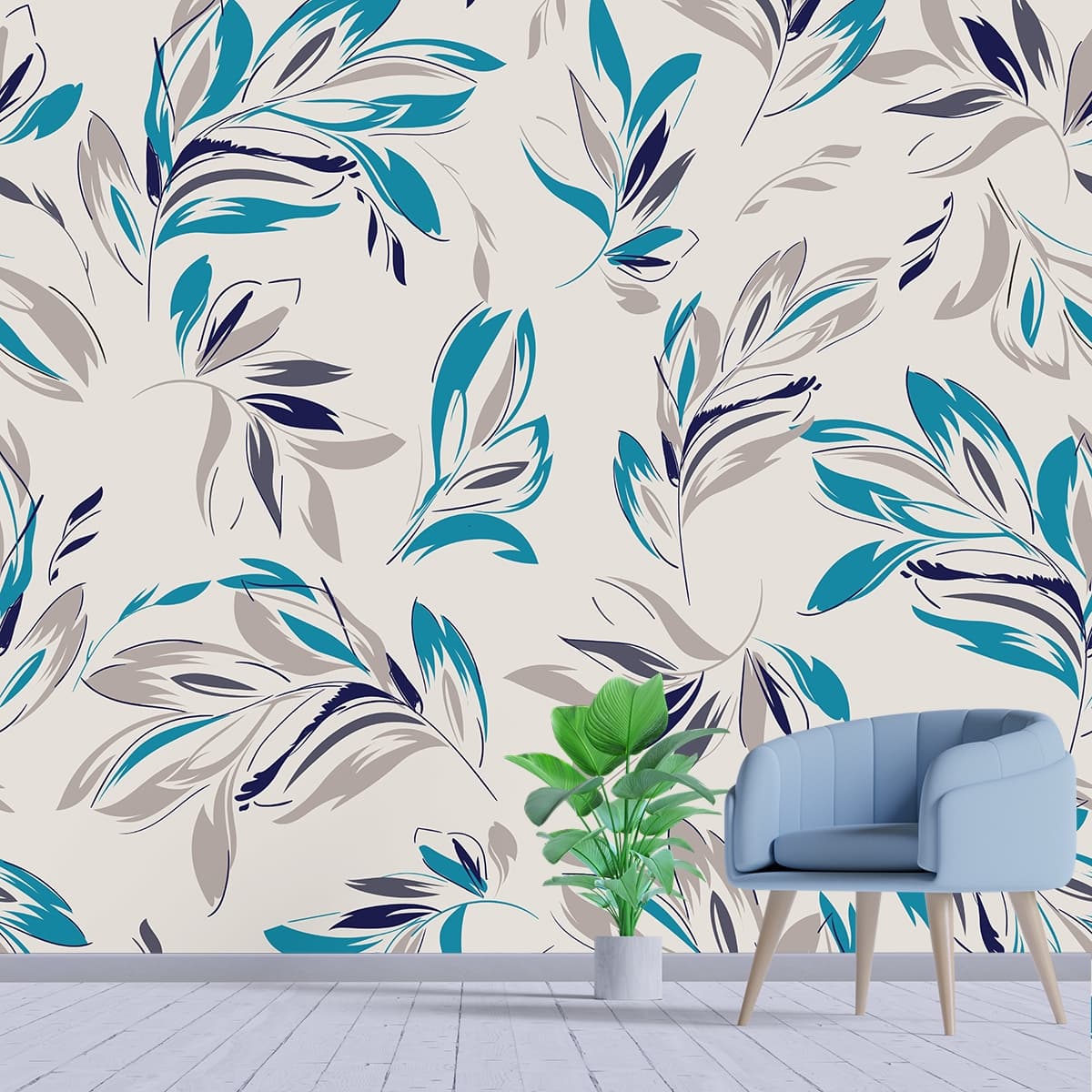 A Pattern of Blue and Grey Leaves Botanical Calm Wallpaper shown in a room