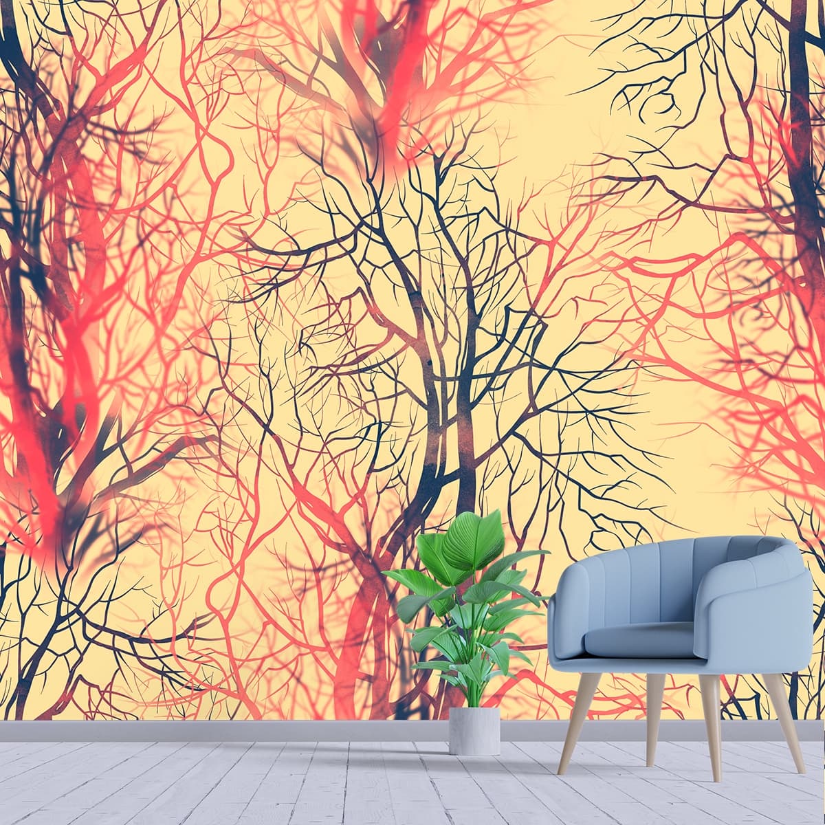 A Pattern of Bare Trees Nature-Inspired Minimalist Wallpaper shown in a room