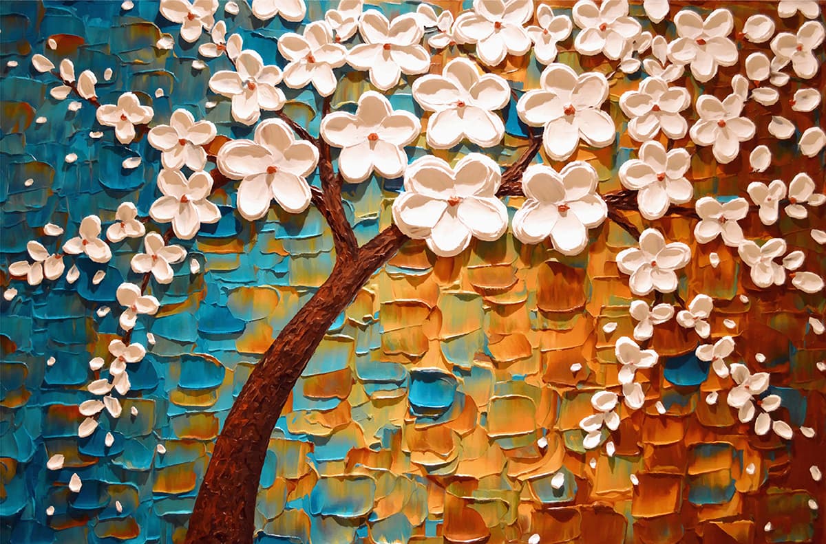Wallpaper for Wall, Beautiful 3D Painting of a Tree With White Flowers pattern detail