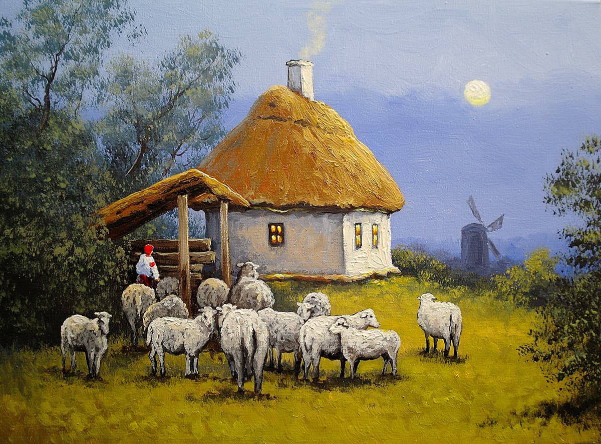 Sheep in Field Painting Countryside Scene wallpaper pattern detail