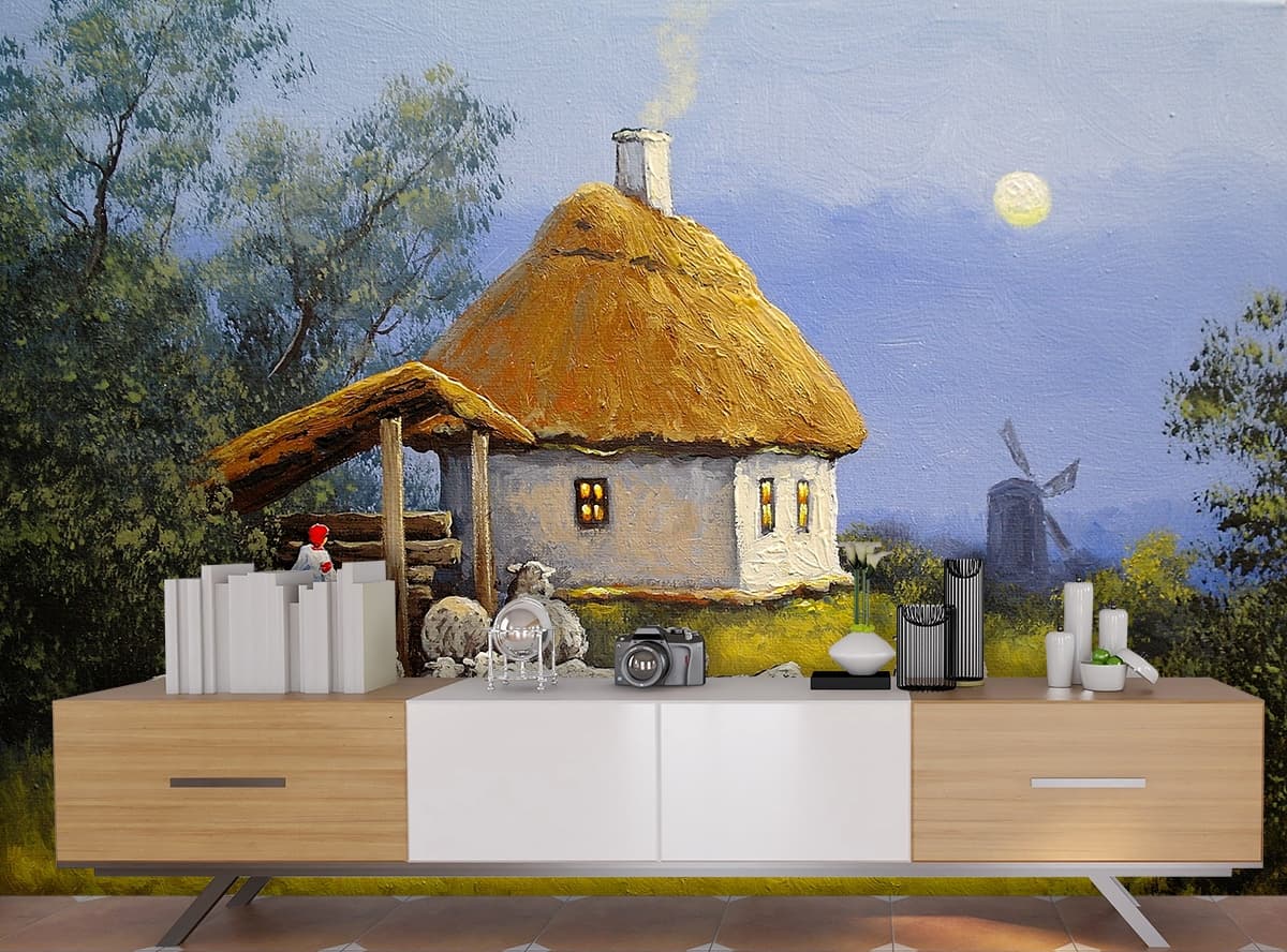 Sheep in Field Painting Countryside Scene wallpaper shown in a room