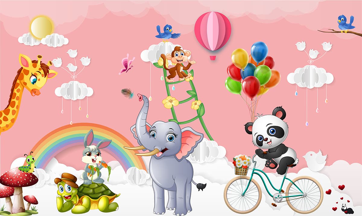 Cartoon Animals Bicycle and Balloons Playful Kids Wallpaper pattern detail