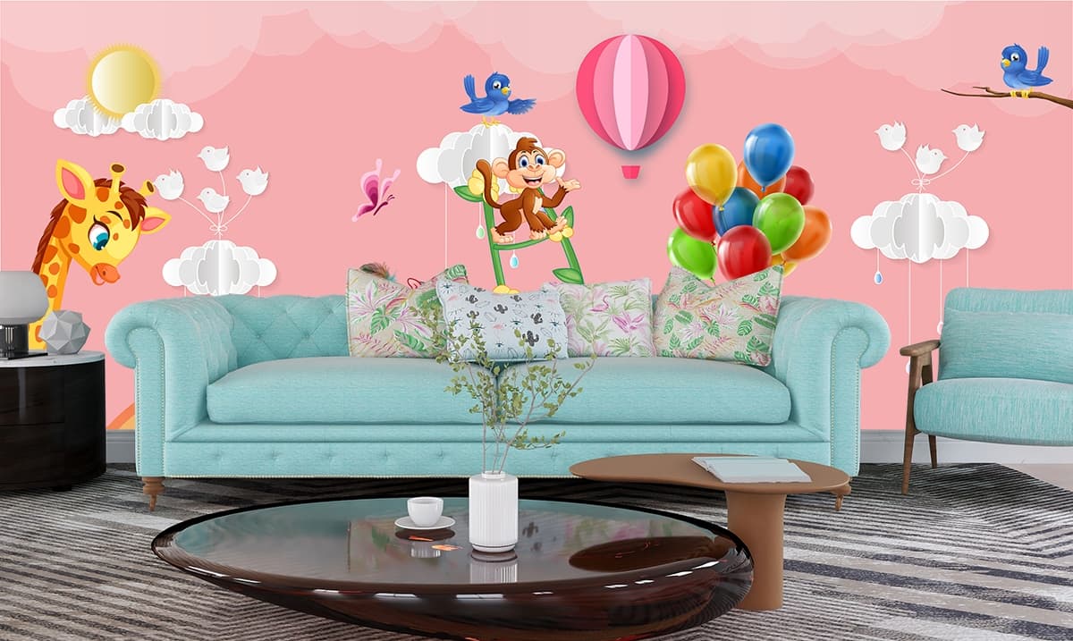 Cartoon Animals Bicycle and Balloons Playful Kids Wallpaper shown in a room