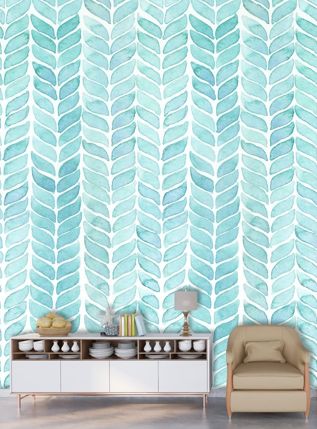 Watercolor Blue and White Leaves Pattern Wallpaper shown in a room