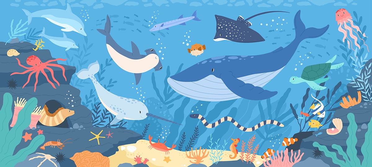 Underwater Sea Animals Swimming Kids Wallpaper pattern detail
