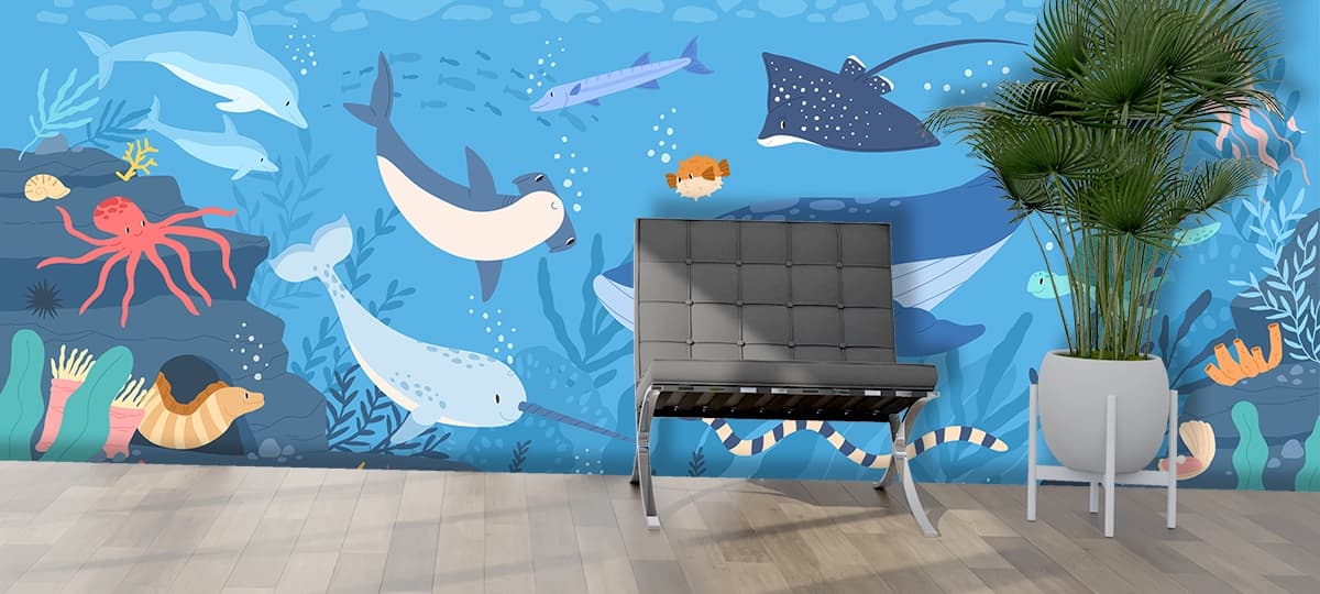 Underwater Sea Animals Swimming Kids Wallpaper shown in a room