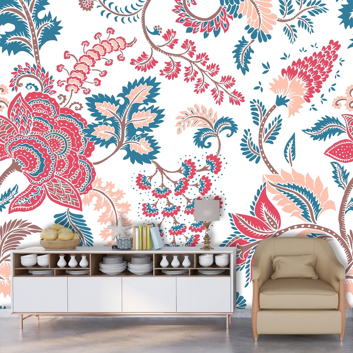 Stylish Botanical Flowers Leaves Pattern Wallpaper shown in a room