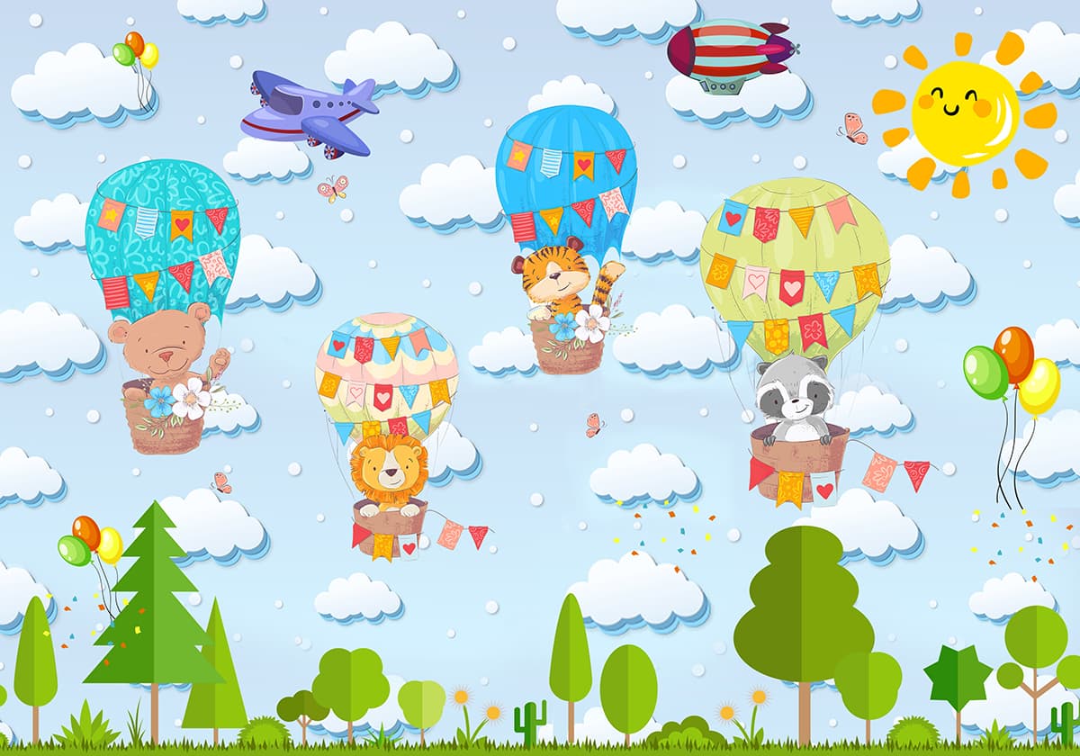 Cute Animals in Hot Air Balloons Kids Room Adventure Wallpaper pattern detail