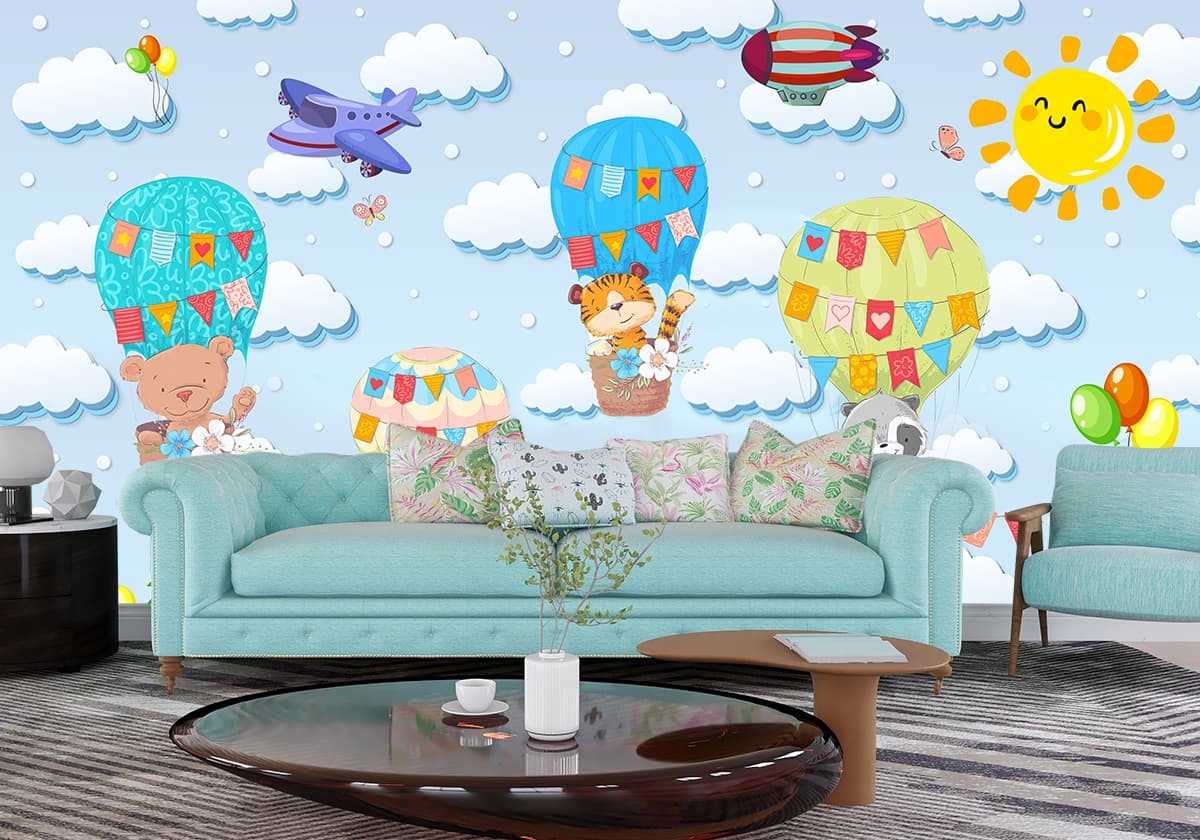 Cute Animals in Hot Air Balloons Kids Room Adventure Wallpaper shown in a room