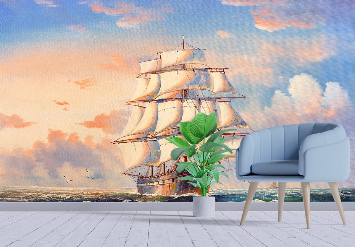 Ship Wallpaper Mural shown in a room