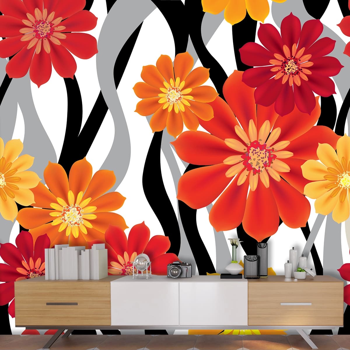 A pattern of flowers on a black and white background shown in a room