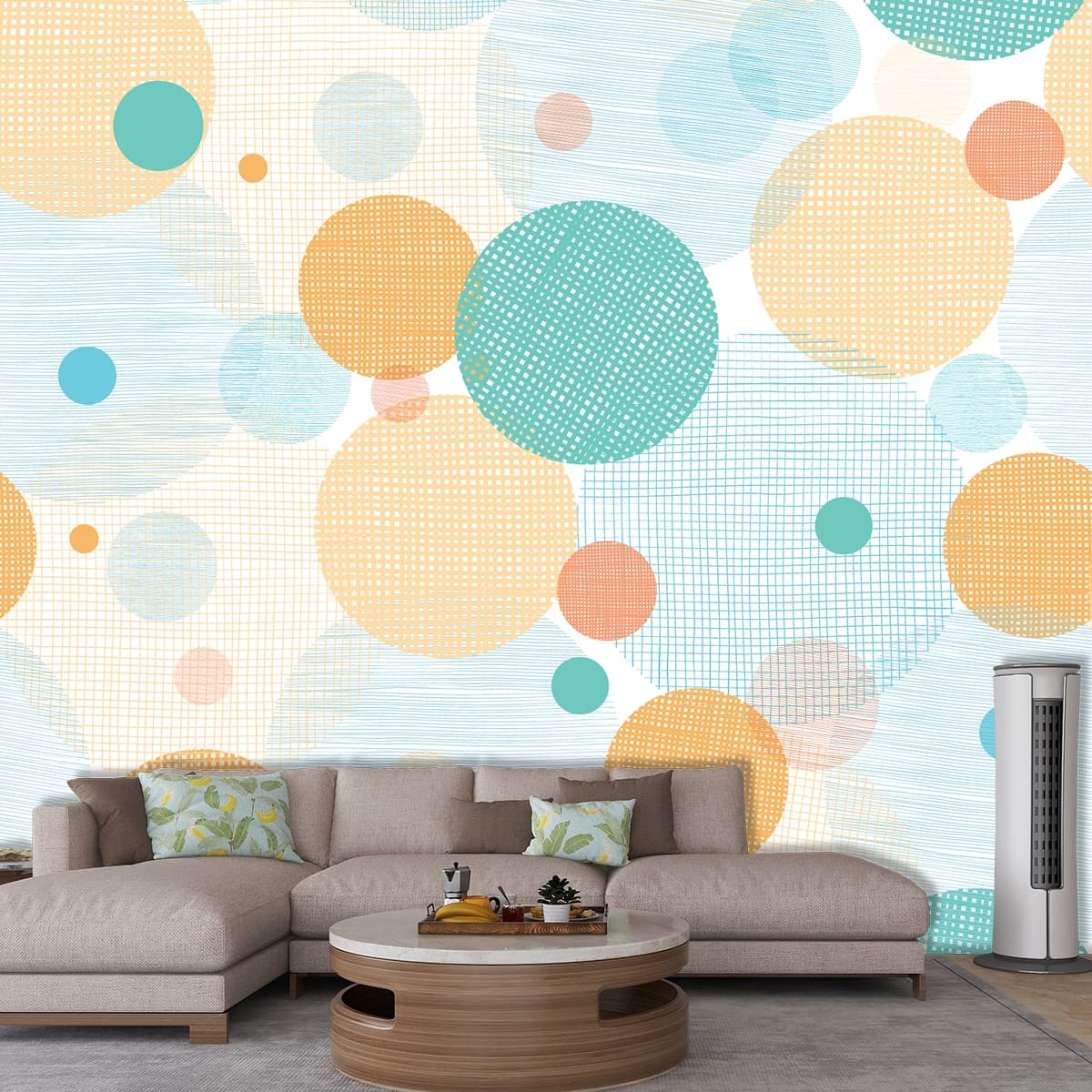 A colorful circles and lines on a white background shown in a room