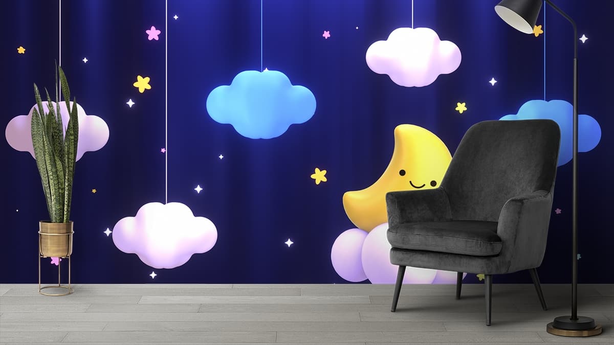 Cartoon Moon on Clouds Dreamy Kids Room Wallpaper shown in a room