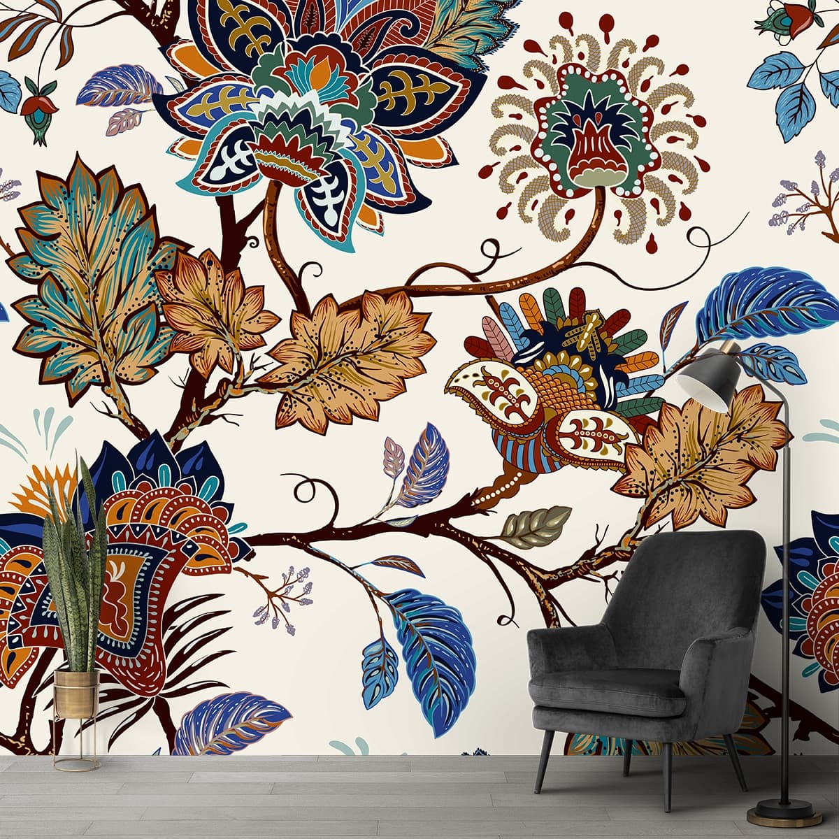 A colorful floral pattern on a white background shown in a room