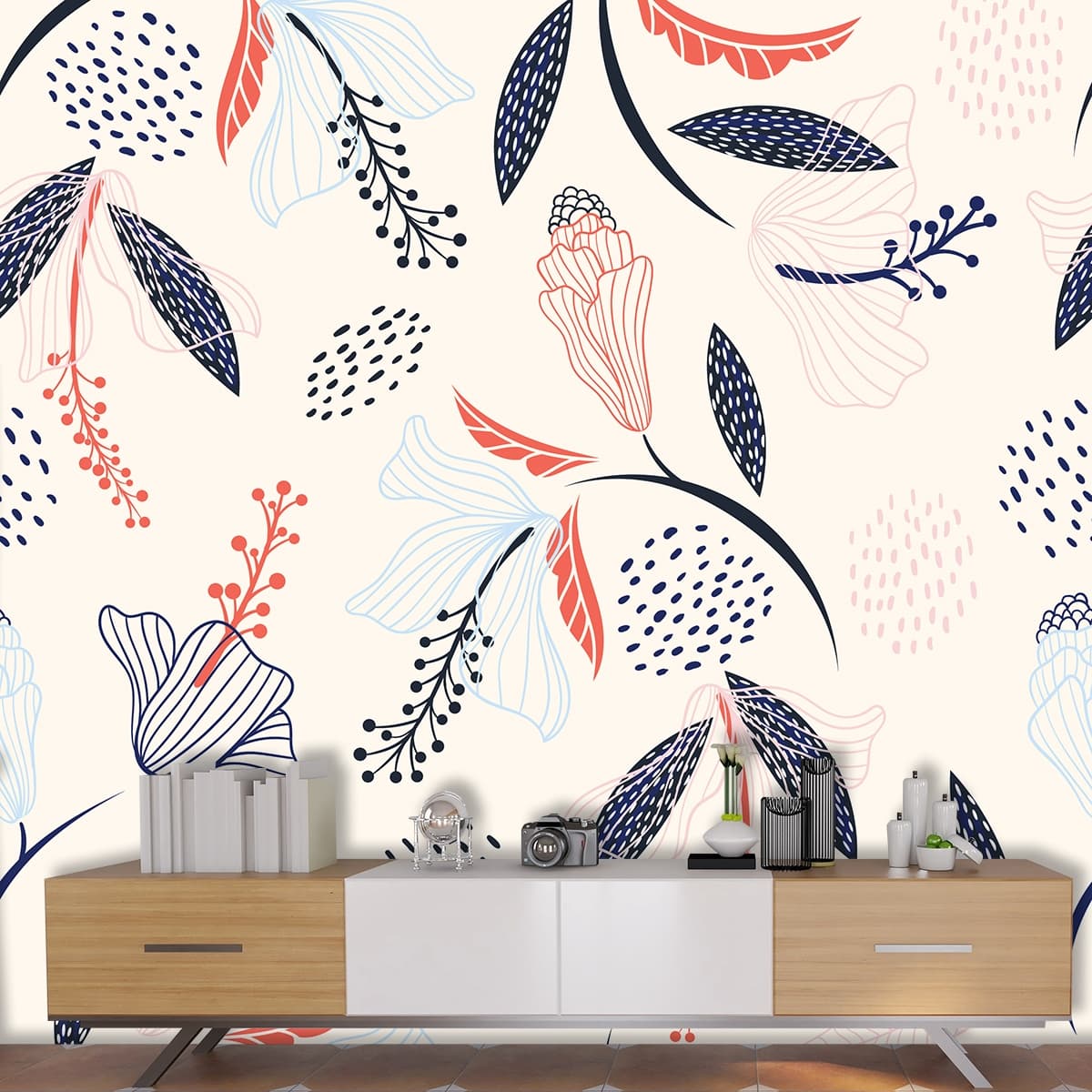 An Abstract Wallpaper Pattern of Tropical Flowers and Leaves shown in a room
