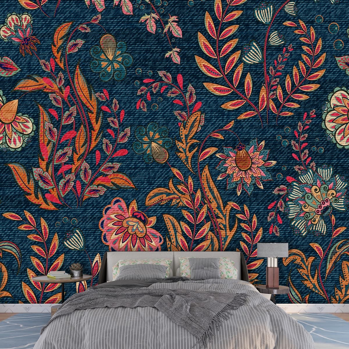 A floral pattern on a denim background shown in a room