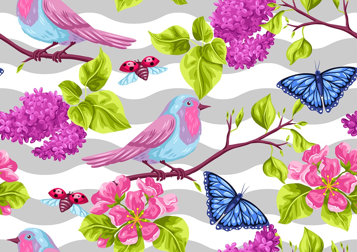 Colorful Bird and Butterflies on Branch Nature Inspired Wallpaper pattern detail