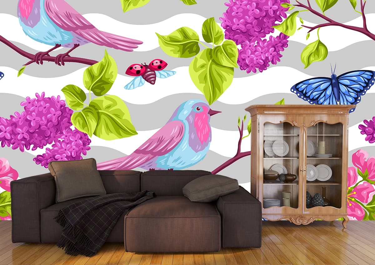 Colorful Bird and Butterflies on Branch Nature Inspired Wallpaper shown in a room