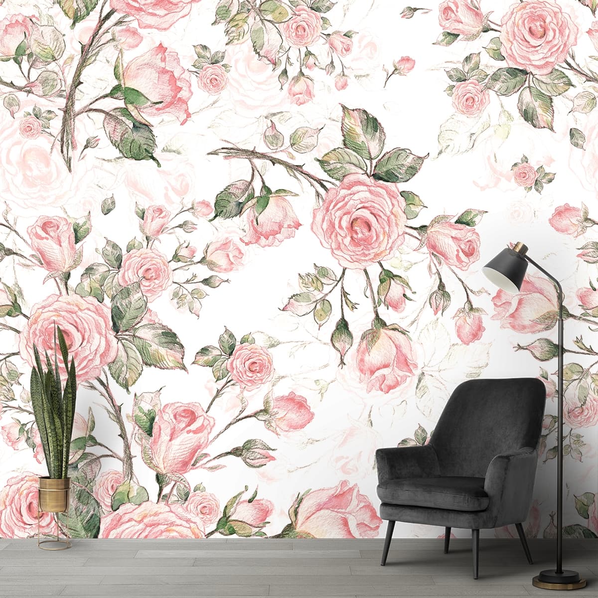Watercolor Romantic Pink Rose Symphony Wallpaper shown in a room