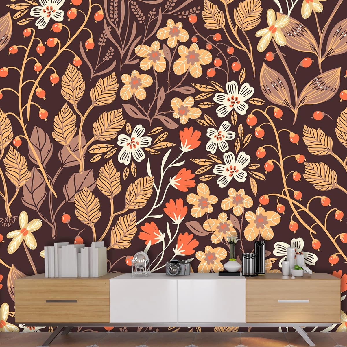 Decorative Brown Flower and Leaf Pattern Wallpaper shown in a room