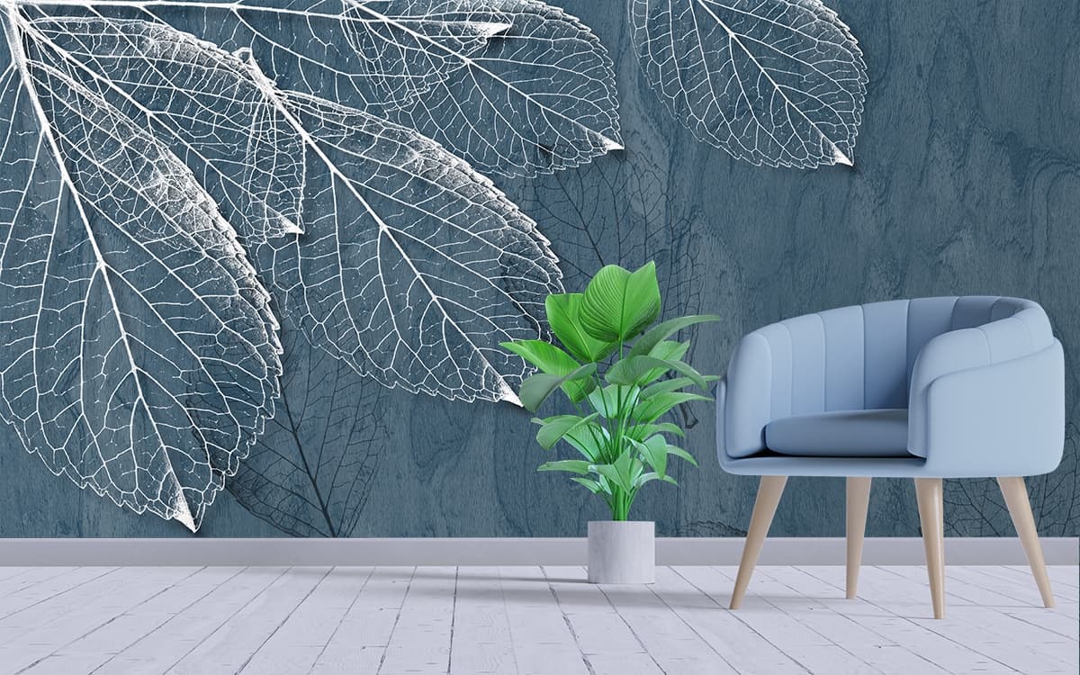 A Sapphire Leaf Cascade Wallpaper shown in a room
